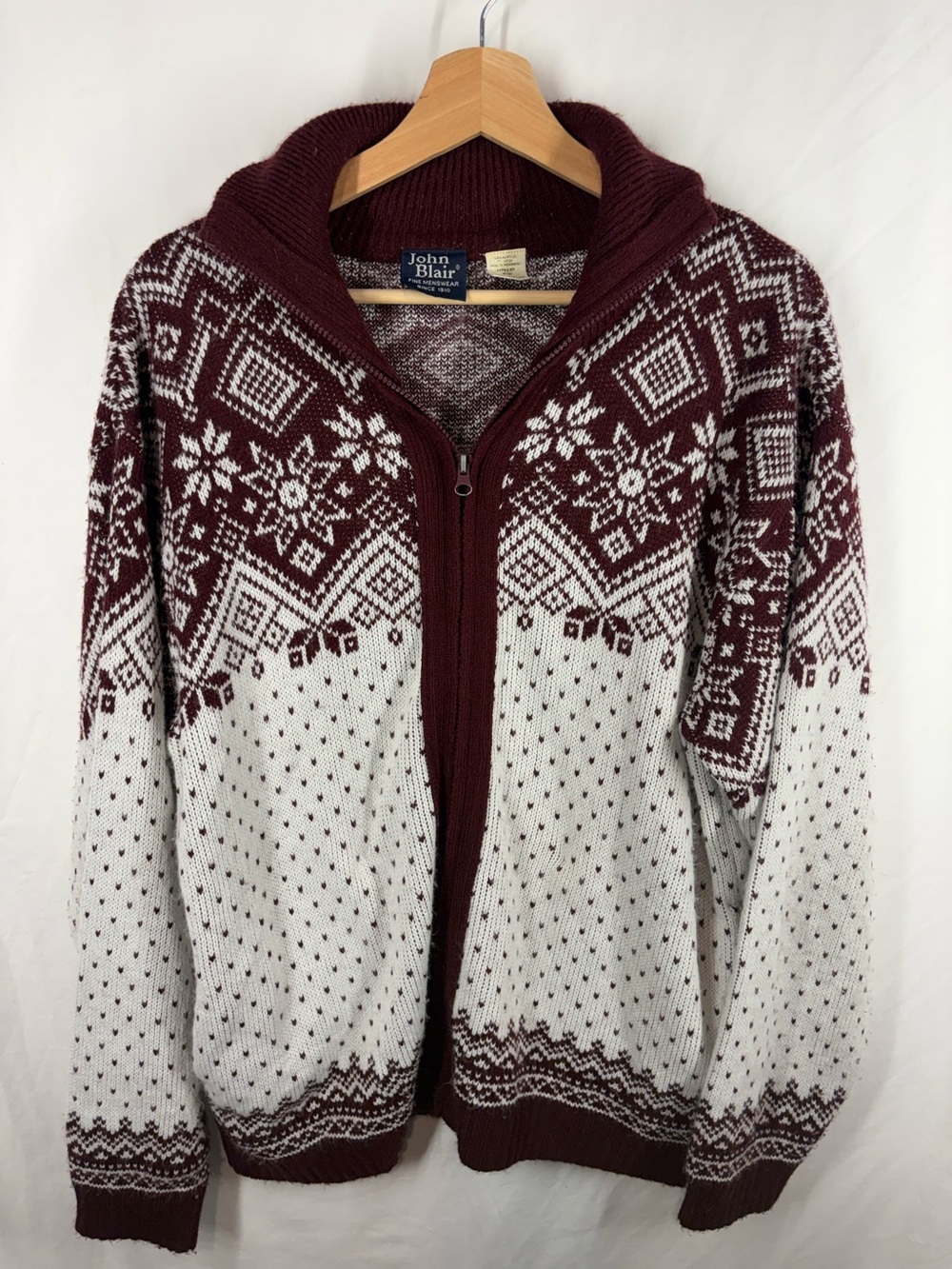 John Blair Fair Isle Full Zip Sweater Men’s Medium Burgundy White Nordic